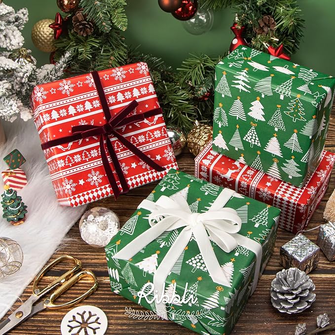 Ribbli Christmas Wrapping Paper Reversible Green Christmas Tree and Red - Image 5