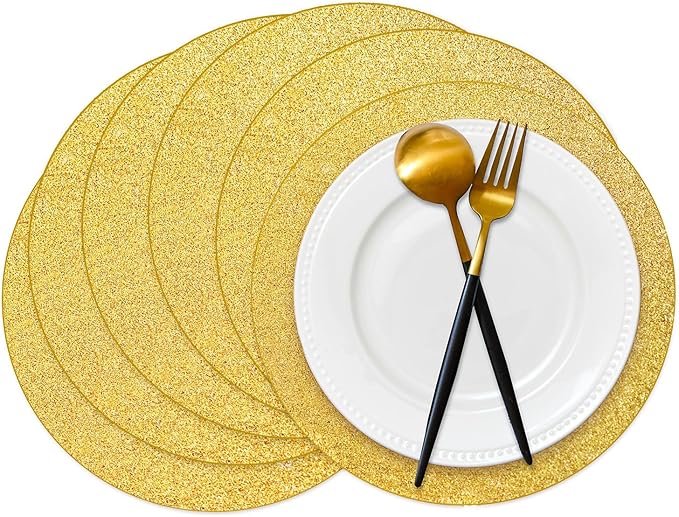 50 Pieces Gold Glitter Paper Place Mats Sparkle Round Disposable Table Mats by Datyiiha