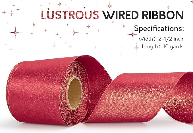 Christmas Ribbon Wired Red Satin Ribbons 2-1/2 Inch Double-Faced Gold Glitter - Image 3