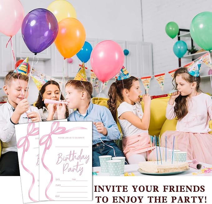 SIXEIGHT Pink Bow Birthday Invitations, 20 Party Invitations - Image 6