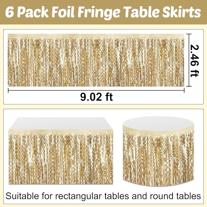 6 Pack 29x108 Inch Champagne Gold Wave Foil Fringe Table Skirts Metallic Banner - Image 2