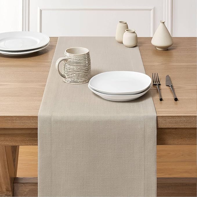 ZeeMart Linen Textured Border Table Runner, 14 x 108 Inch Natural, Farmhouse - Image 3