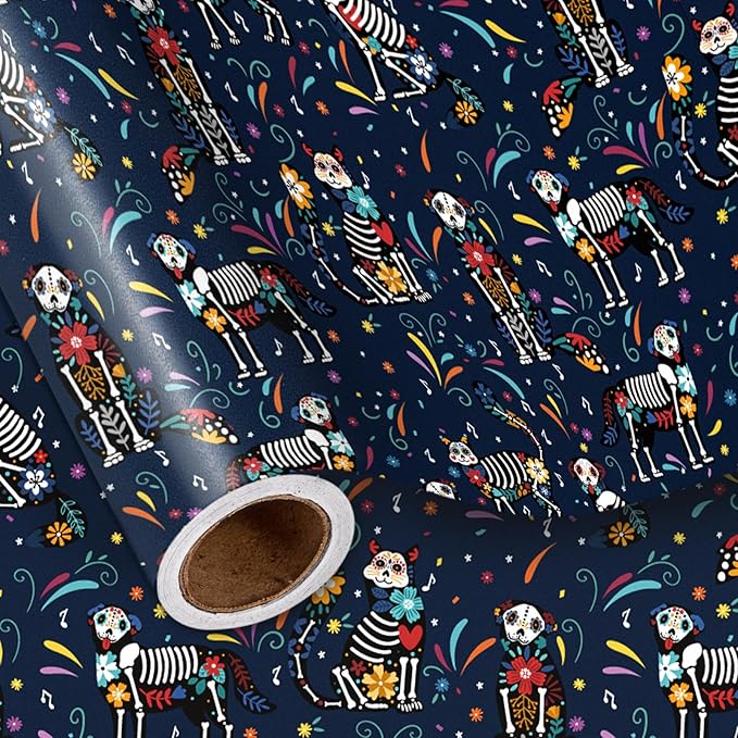 LeZakaa Day of the Dead Wrapping Paper Roll, Colorful Skeleton Dogs Cats by LeZakaa