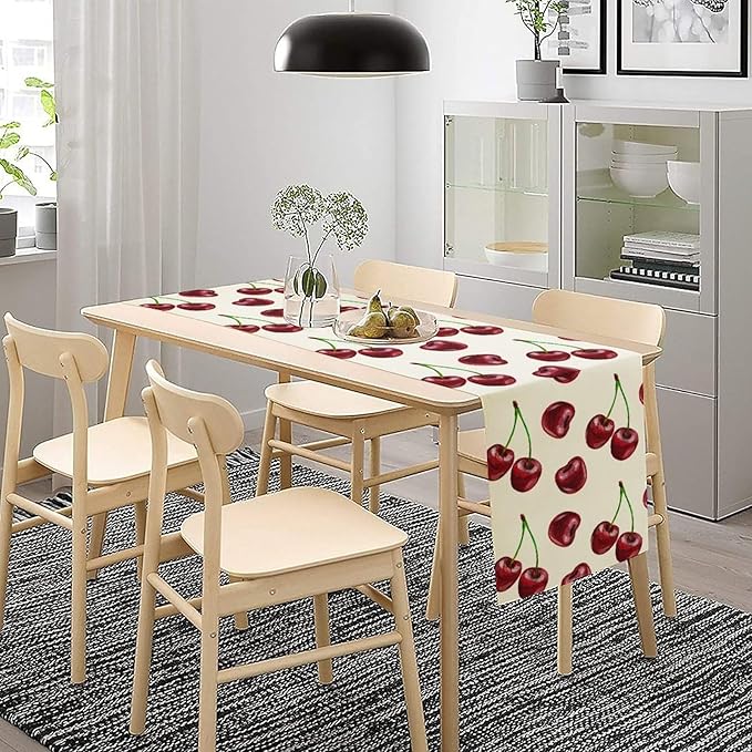 Red Cherry Table Runner Watercolor Spring Summer Wild Berry Tropical Fruit - Image 3