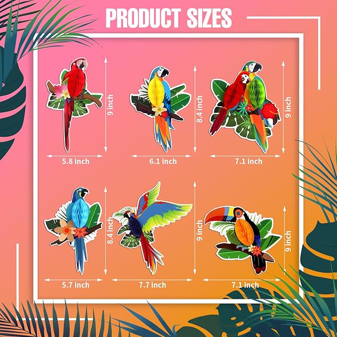 6Pieces Tropical Birds Honeycomb Parrot Paper Cutouts Decorations, Hawaiian - Image 6