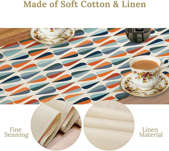 Mid Century Table Runner, Modern Style Retro Pattern Droplet Shapes Mosaic - Image 6