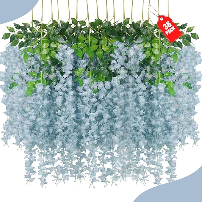 36 Pack Grey Wisteria Hanging Flowers, 3.44 Ft Fake Hanging Flowers, Artificial by ZEBMOON