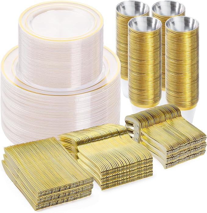BESTVIP 600PCS Clear Gold Dinnerware Set by Bestvip