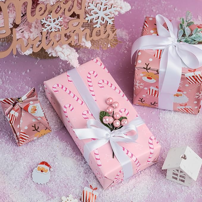 LeZakaa Christmas Pink Wrapping Paper Jumbo Roll, Santa Claus & Candy Cane - Image 5