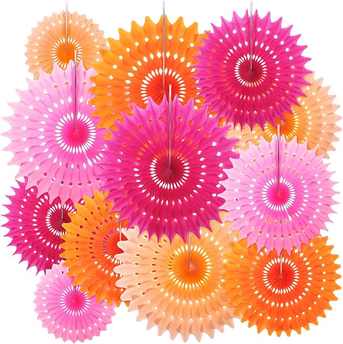Outus 12 Pcs Hanging Honeycomb Paper Fans Sets, Fiesta Pink and Orange Party by Outus
