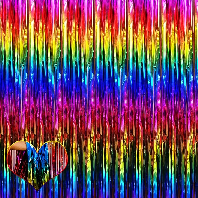 4 Pack Rainbow Fringe Curtain Backdrop, 3.2Ft x 6.6Ft Colorful Metallic Tinsel by Mebiornt