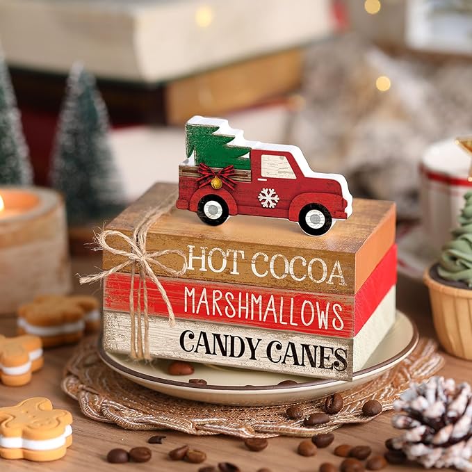 4 Pcs Christmas Table Decorations Red Truck Winter Tiered Tray Decorations - Image 6