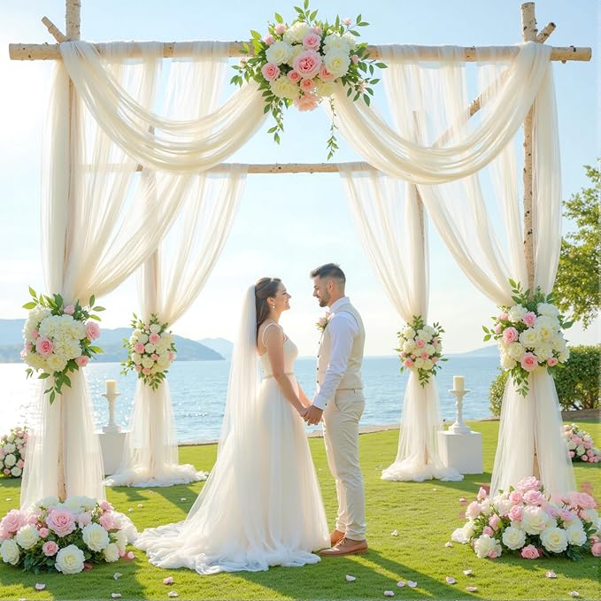 Wedding Arch Draping Fabric Backdrop 2 Panel 30" x 19Ft Ivory Drapes Curtains - Image 4