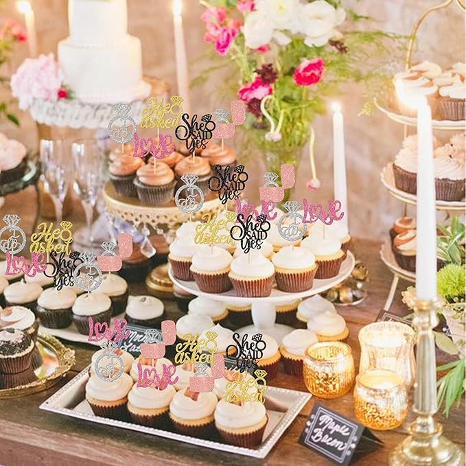 30 PCS He Asked She Said Yes Cupcake Toppers Diamond Ring Cupcake Picks Love I - Image 4
