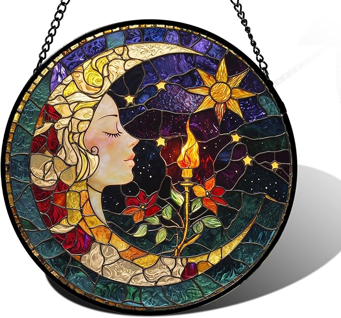 Stained Glass Window Hanging, Moon Goddess Torch Suncatcher Diamond Glass Panel by DASTOLL