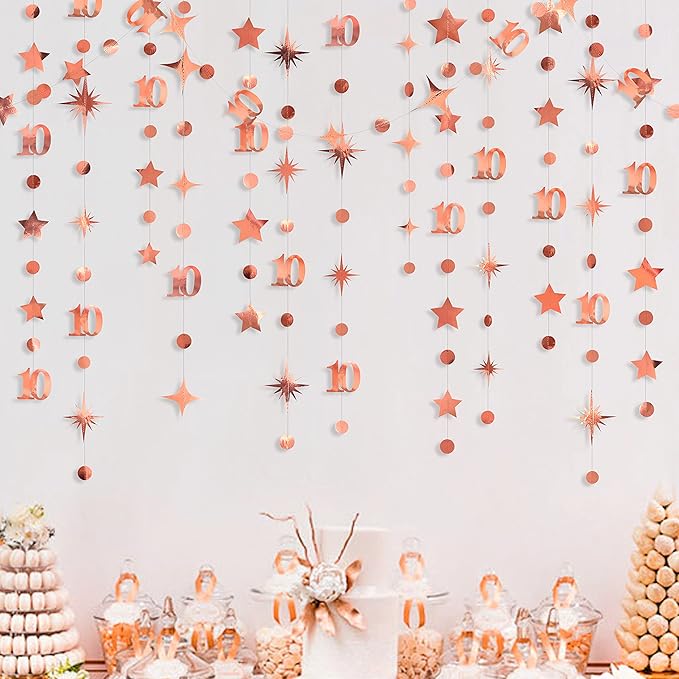 Rose Gold 10th Birthday Decorations Number 10 Circle Dot Twinkle Star Garland - Image 3