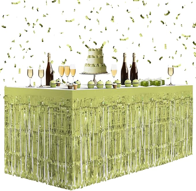2 Pack Lime Green Table Skirts, 29x108" Metallic Foil Tinsel Fringe Table Skirt by Unknown