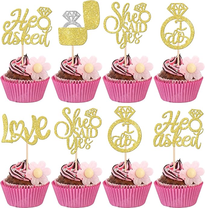 30 PCS He Asked She Said Yes Cupcake Toppers Love I Do Diamond Ring Cupcake by ZHUOWEISM