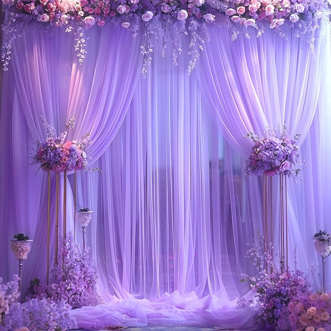 Purple Tulle Backdrop Curtain for Baby Shower Girls Birthday Party Purple Sheer - Image 2