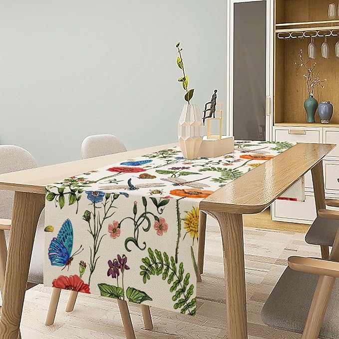 Vintage Botanical Flowers Table Runner, Seasonal Summer Plants Florals - Image 2