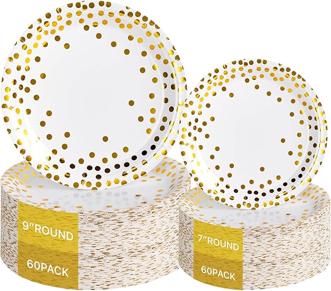 Lullaby 120PCS White Paper Plates, Disposable Gold Paper Plates, Party Plates by LULLABY