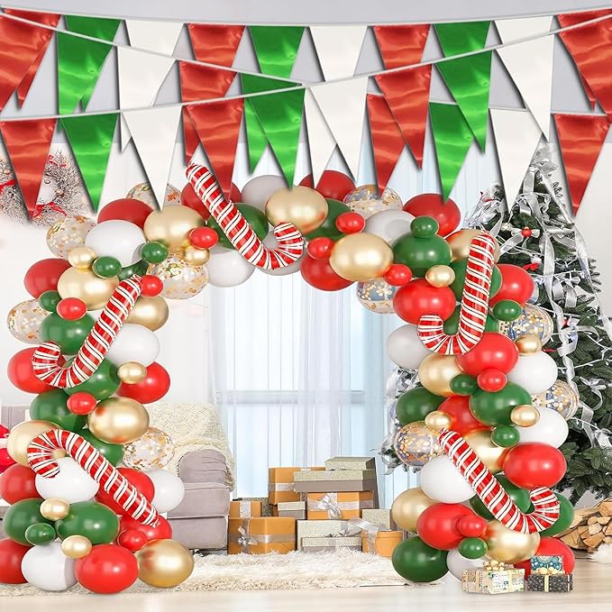 20M/65FT White Green Red Triangle Pennant Banner Flag Metallic Fabric Bunting - Image 5