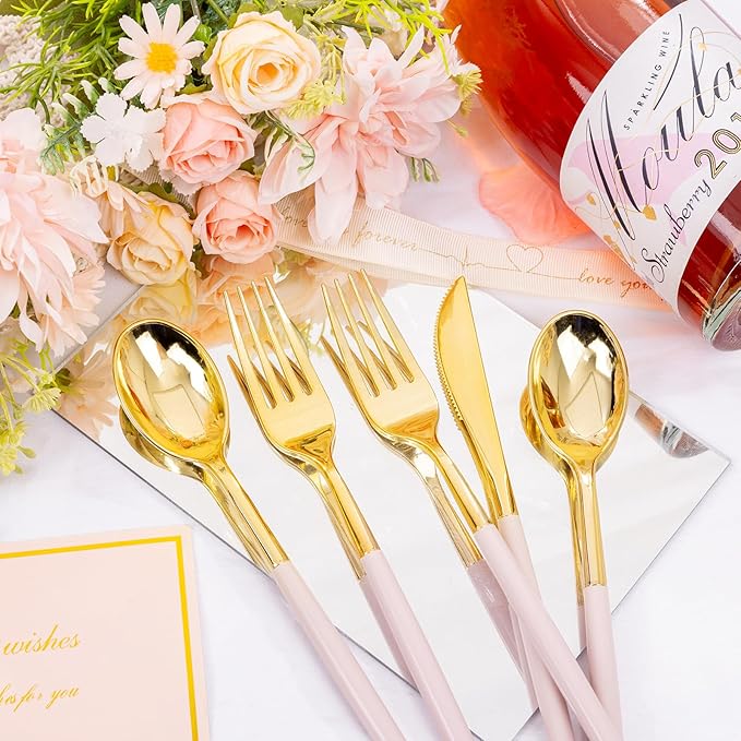 SUT 160Pcs Pink and Gold Plastic Silverware, Heavy Duty Plastic Silverware - Image 7