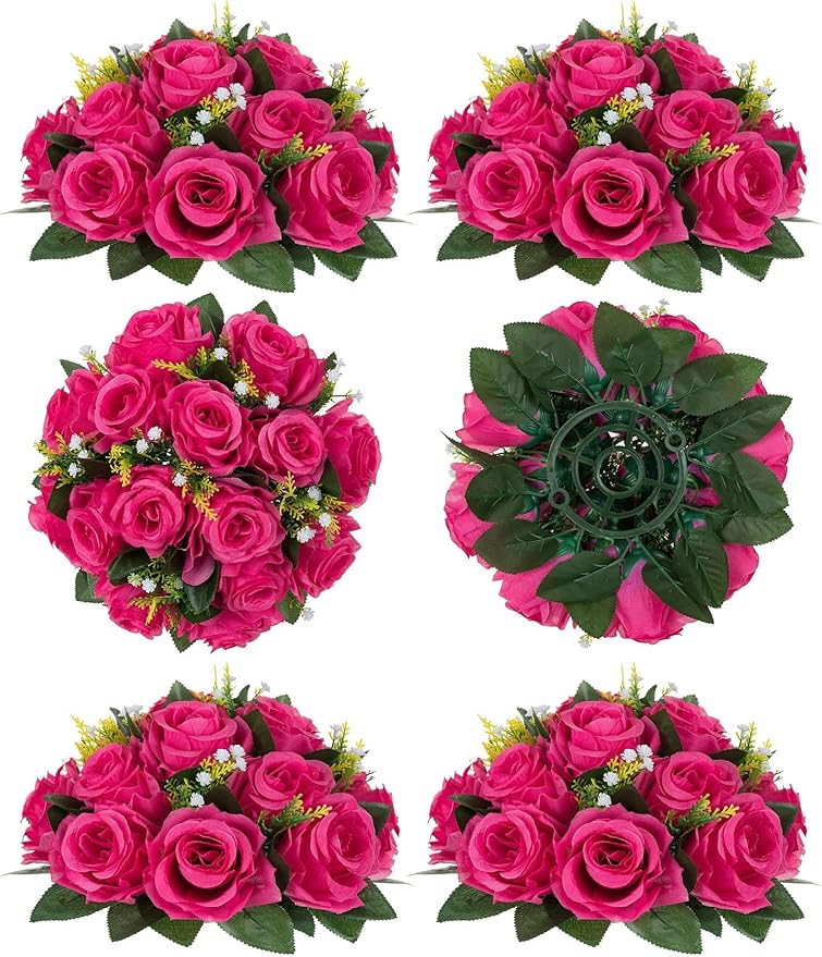 BLOSMON Pink Roses Artificial Flowers: 6 Pcs Hot Pink Fake Flower Balls by Blosmon