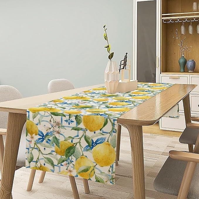 Lemon Table Runner, Watercolor Fruit Green Leaves Spring Summer Table Cloth - Image 2