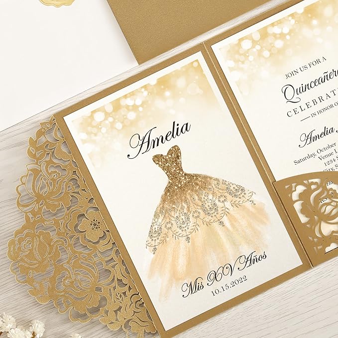 DORIS HOME 50pcs Laser Cut Quinceanera Invitations Gold, 4.7x7.1 Personalized - Image 7
