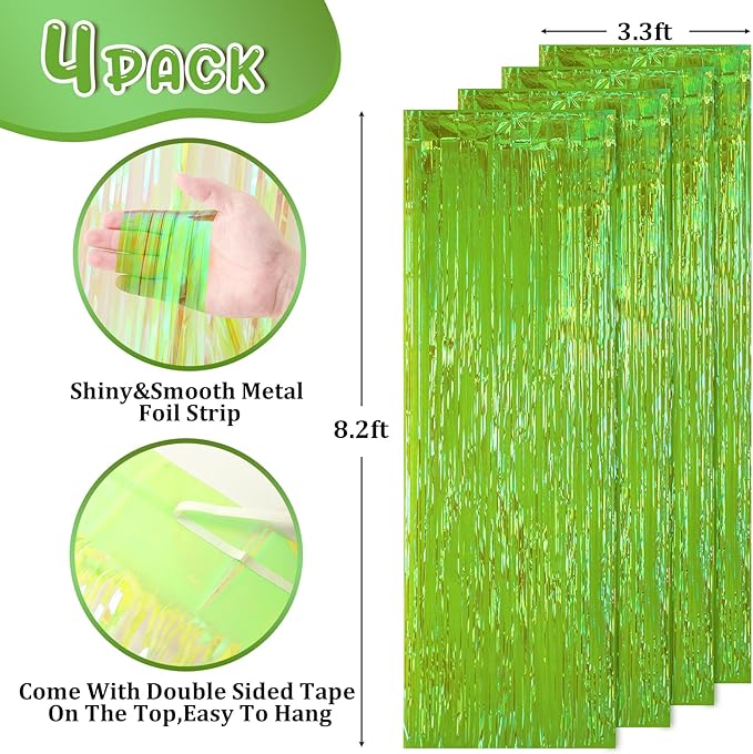 4 Pack 3.3x8.2 Feet Neon Green Foil Fringe Backdrop Curtains, Tinsel Streamers - Image 3