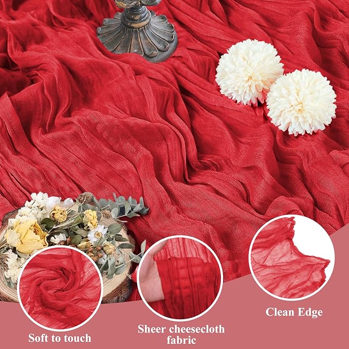 Asee'm Fall Table Runner Cheesecloth 10FT Red Boho Gauze Fabric Rustic Sheer - Image 3