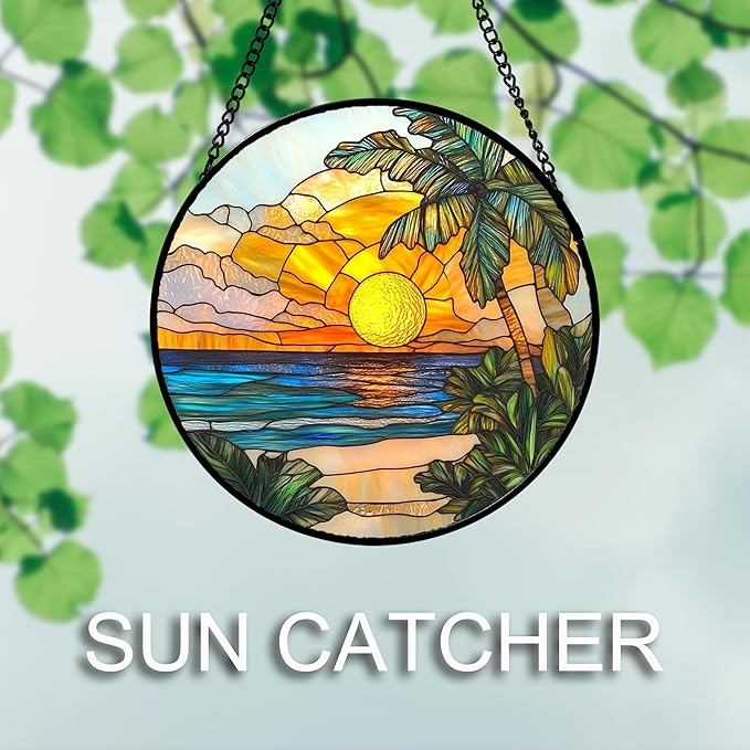 Stained Glass Window Hanging 4 Pcs Set Blue Ocean Coconut Tree Scenery 6.3" - Image 5