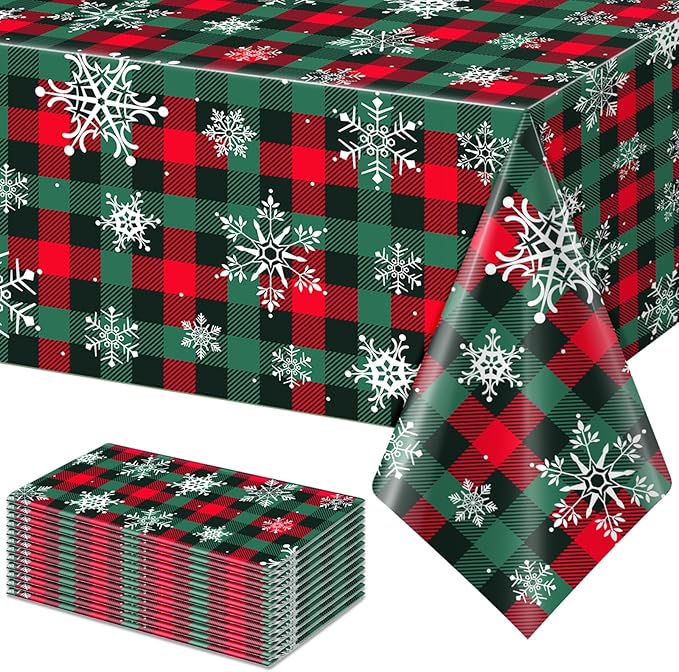 12Pcs Christmas Buffalo Plaid Snowflake Party Tablecloths Decorations, Plastic by JectivsPartyDecorations