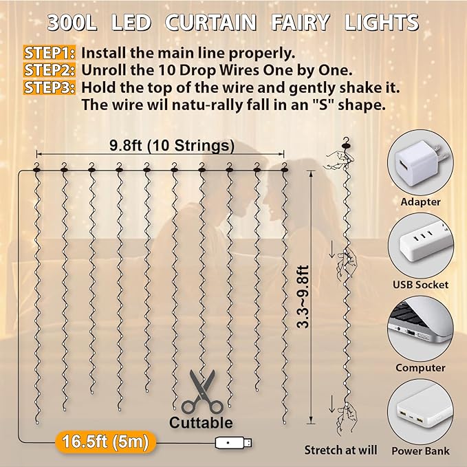 HXWEIYE 300LED Fairy Curtain Lights, 9.8x9.8Ft USB Plug-in 8 Modes Christmas - Image 5