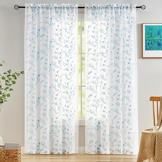 White Embroidery Sheer Curtains White-Blue 95 Inches, Floral Window Treatments - Image 2