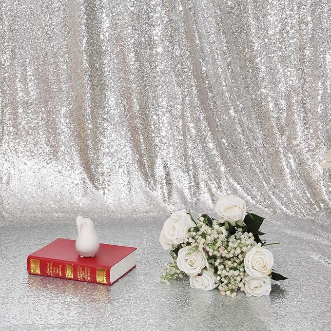 Eternal Beauty Silver Sequin Backdrop, 6x8 Ft Glitter Background Curtains - Image 8