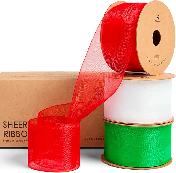 Vitalizart Organza Ribbon 1.5" x 30 Yd Christmas Sheer Ribbons Set 10 Yd x 3 by Vitalizart