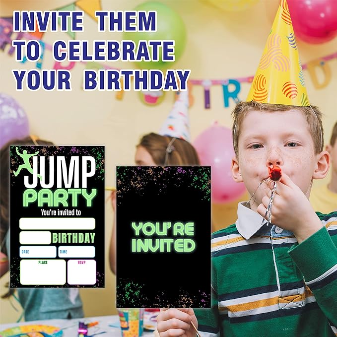 Jump Party Birthday Invitations, Glow Trampoline Birthday Party Invite Cards（20 - Image 4