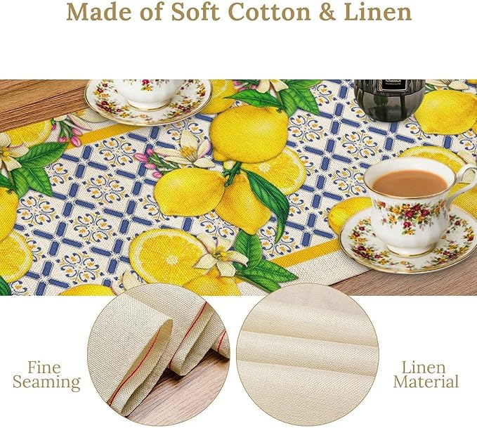 Lemon Table Runner, Spring Summer Seasonal Yellow Blue Table Runner - Image 5