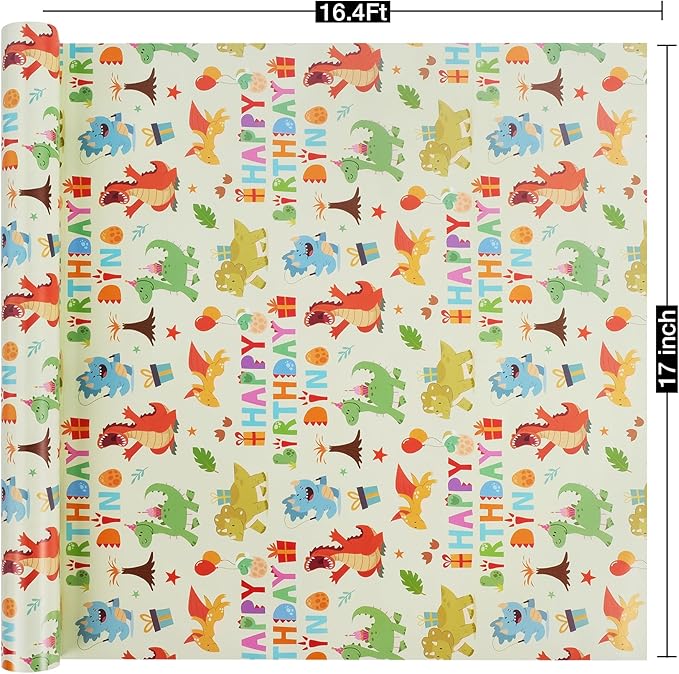 Aimyoo Dinosaur Birthday Wrapping Paper Roll - Image 3