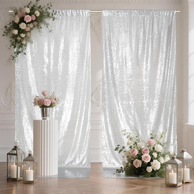 SquarePie Sequin Backdrop Curtain 8FT x 10FT Silver Satin Backing Fabric - Image 7