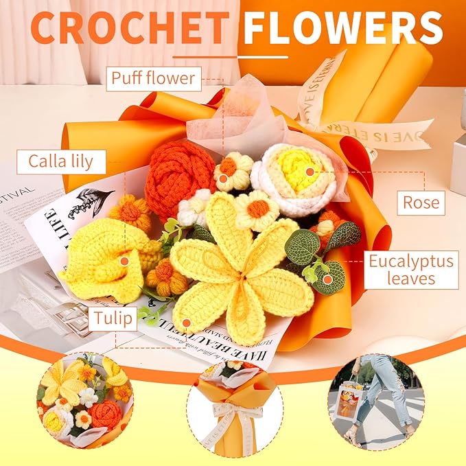 Crochet Flowers Cute Bouquet, Handmade Crochet Flowers Knitted Bouquet - Image 3