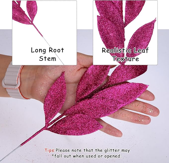 GREENTIME 12 Pack Artificial Rose Red Glitter Leaves 13" Fake Christmas Picks - Image 2