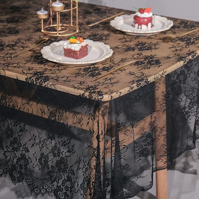 TINWIN Rectangle Lace Tablecloth 60x120 Inch Black Vintage Runner Eyelash Fabric - Image 5