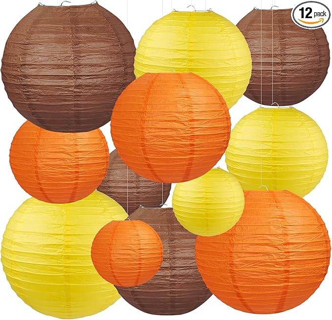 12Pcs Fall Paper Lanterns, Various Sizes Hanging Yellow Orange and Brown Paper by Dimhut