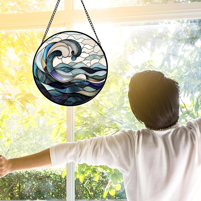 Stained Glass Window Hanging, Ocean Waves Sun Catchers Diamond Glass Panel - Image 3