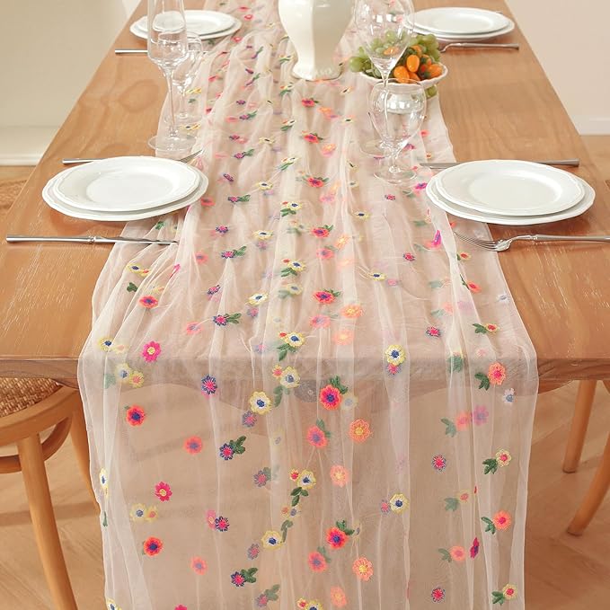 White Embroidery Daisy Fall Table Runner 120Inch 10FT Florals Soft Sheer Tulle - Image 5