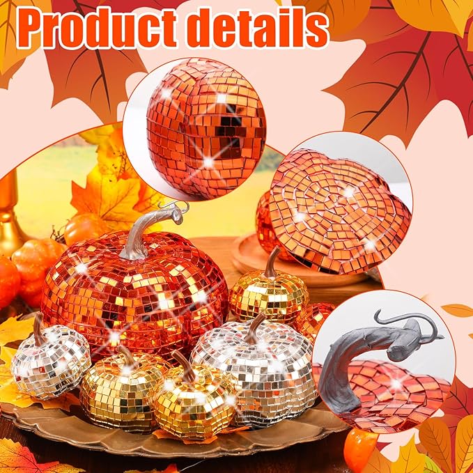Lenwen 12 Pcs Artificial Disco Pumpkin Glitter Mirror Pumpkin - Image 3