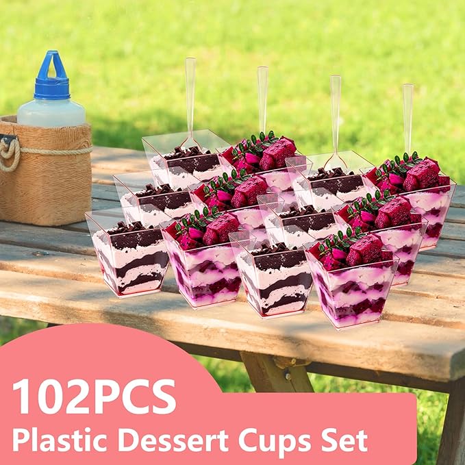 YOUBET 102 PCS Plastic Dessert Cups - 8oz Pink Clear Square Cups - 51 Pack Mini - Image 7